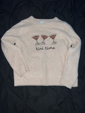 Nicole Miller Cream Crewneck Sweater with Martini Embroidery